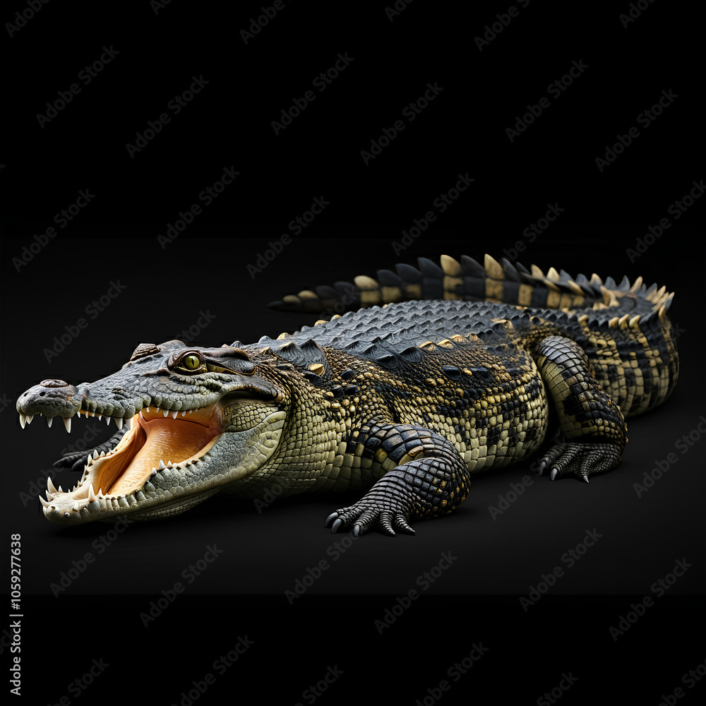 Obraz premium A realistic crocodile with an open mouth, displaying sharp teeth, and detailed scales on a dark background.
