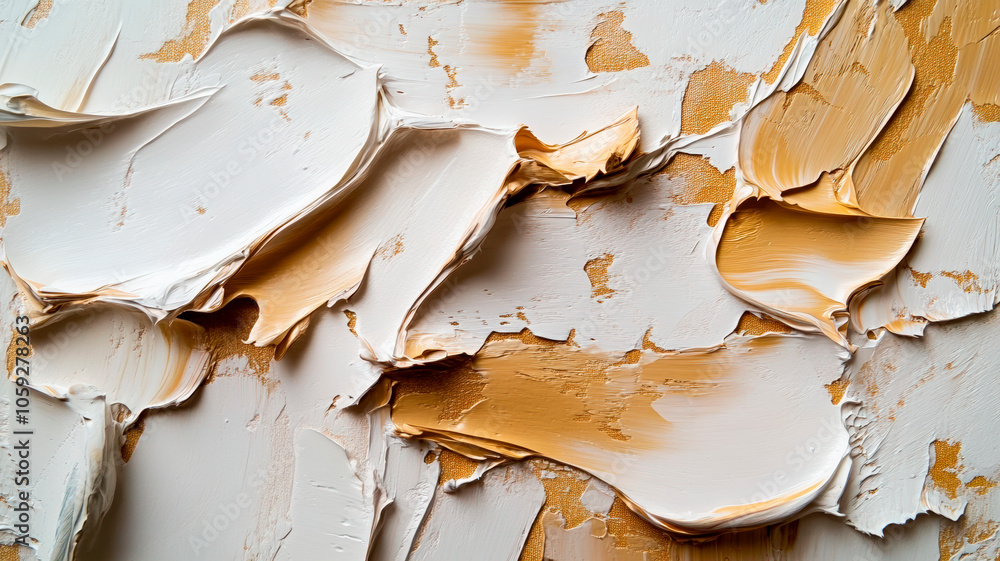 Textured background with peeling paint layers. Close-up of white and yellow torn wallpaper. Grunge damaged surface texture. Urban decay concept.