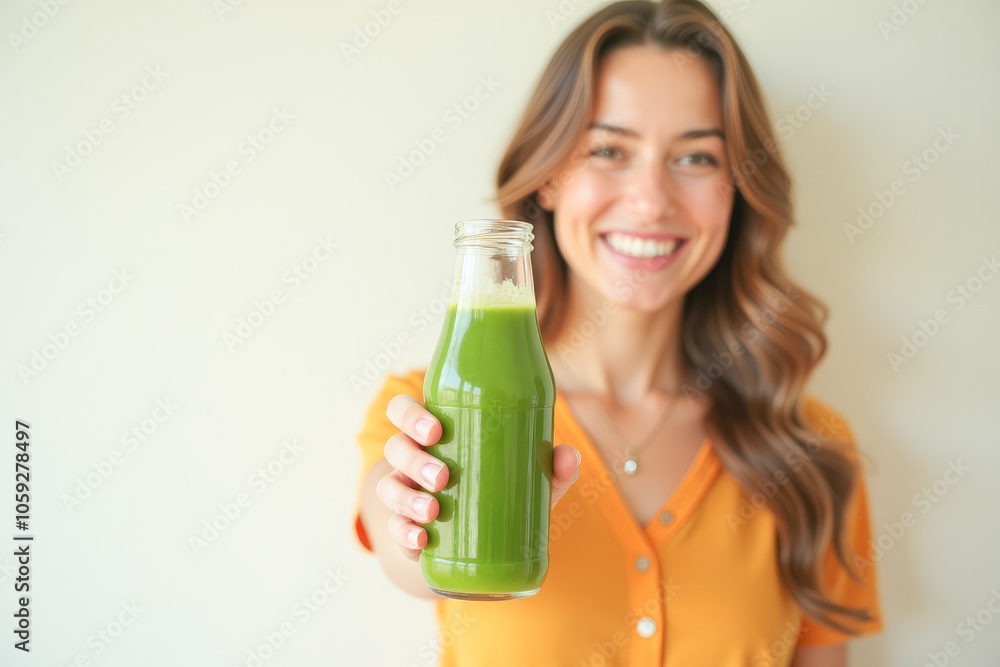A woman is smiling and holding a green vegetable smoothie in a bottle in her hand A woman is smiling and holding a green vegetable smoothie in a bottle in her hand