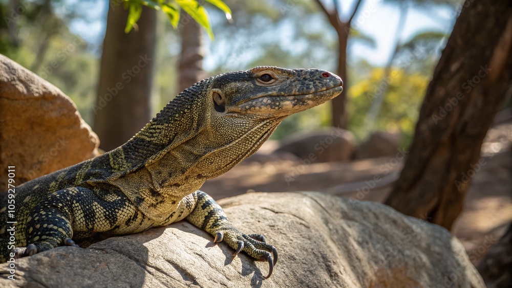 Obraz premium Closeup of Lace Monitor Lizard Resting on a Rock in Natural Habitat