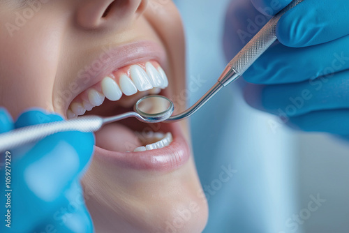 The process of examining a girl's teeth at the dentist. Oral hygiene concept. Dentistry for advertising, modern minimalistic banner.