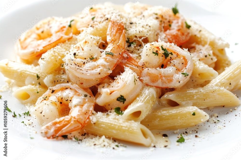 Penne with shrimp creamy sauce and grated parmesan on a light backdrop Penne with shrimp creamy sauce and grated parmesan on a light backdrop