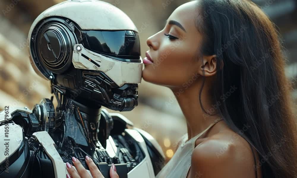 A humanoid robot and a woman share an intimate moment. A humanoid robot and a woman share an intimate moment.