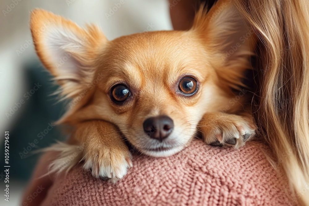 Close-Up of a Small Dog Feeling Safe in Owner's Embrace Close-Up of a Small Dog Feeling Safe in Owner's Embrace