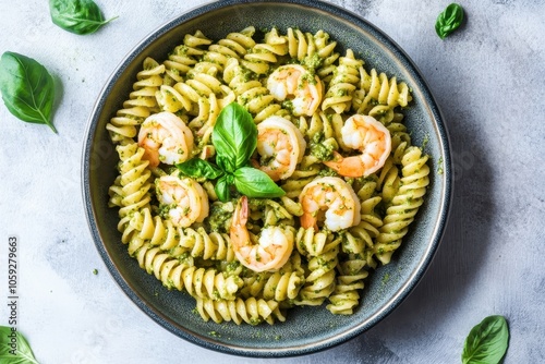 Pasta with shrimp and pesto