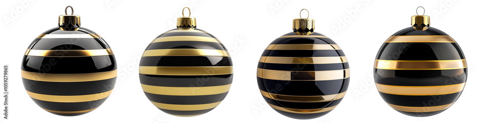 A set of elegant decorative Christmas ornaments in black and gold stripes, perfect for festive decor. Isolated on a white background. A set of elegant decorative Christmas ornaments in black and gold stripes, perfect for festive decor. Isolated on a white background.
