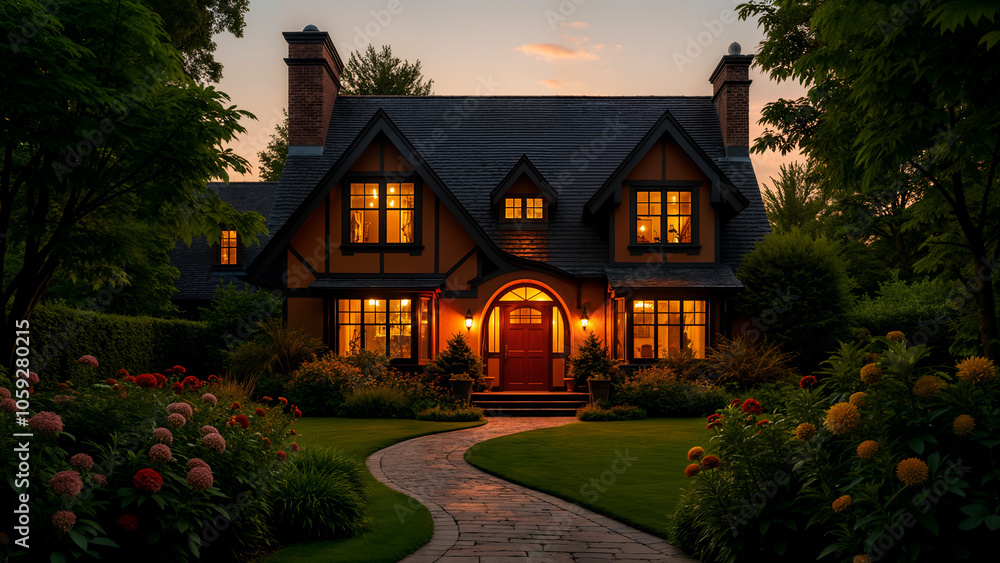 A Vibrant Home: A Deliciously Well-Lit House Surrounded by Lush Gardens, Creating a Beautiful Harmonious Landscape A Vibrant Home: A Deliciously Well-Lit House Surrounded by Lush Gardens, Creating a Beautiful Harmonious Landscape