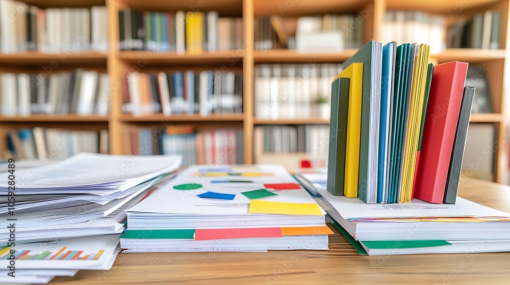 Stacked Books and Papers on Wooden Desk Subtle Blur Background with Space for Custom Text Stacked Books and Papers on Wooden Desk Subtle Blur Background with Space for Custom Text
