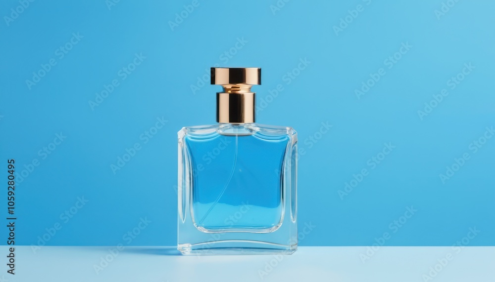 Elegant Glass Perfume Bottle With a Blue Fragrance Set Against a Vibrant Blue Backdrop Elegant Glass Perfume Bottle With a Blue Fragrance Set Against a Vibrant Blue Backdrop