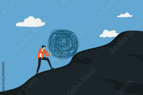 businessman fighting the complexity of the problem, fighting pushing the problem.