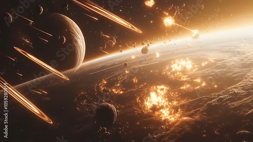 Fototapeta Naklejka Na Ścianę i Meble -  Conceptualize a grand space opera battle scene with lasers and explosions near saturn, highlighting the chaos and beauty of space warfare. Space Opera Scene. Illustration