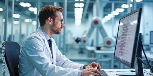 a man is an operator of a technological line for the production of high-tech goods chips processors photo