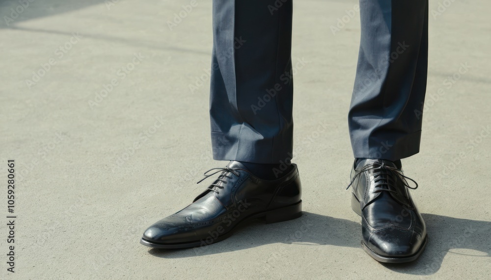 A Man Stands on a Pavement Wearing Polished Dress Shoes and Tailored Trousers A Man Stands on a Pavement Wearing Polished Dress Shoes and Tailored Trousers