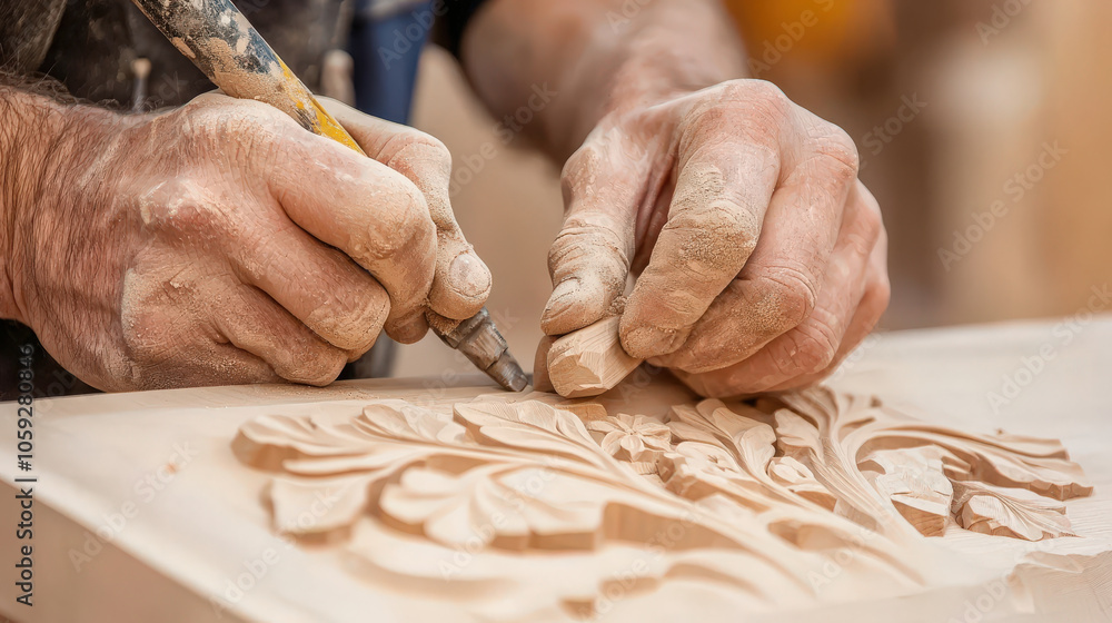 Craftsman carving intricate details on wood, showcasing skilled craftsmanship and artistry. hands are covered in dust, emphasizing dedication to craft Craftsman carving intricate details on wood, showcasing skilled craftsmanship and artistry. hands are covered in dust, emphasizing dedication to craft