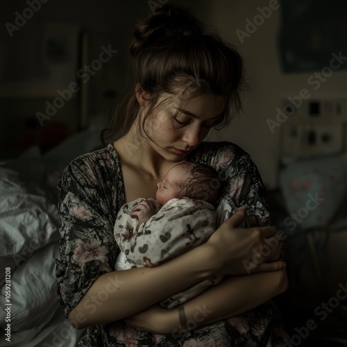 Mother smiling while holding her newborn baby on hospital bed. photo