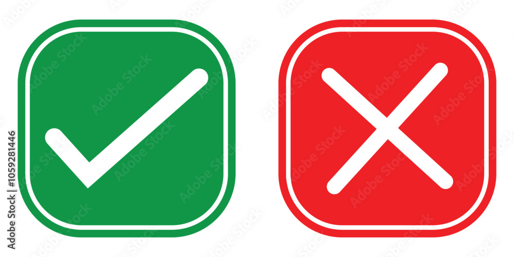 Check mark and cross mark icon. Yes and No or Approved and Declined or Right and Wrong square icons symbol. Green tick and red cross icon isolated on white background. Vector illustration. Check mark and cross mark icon. Yes and No or Approved and Declined or Right and Wrong square icons symbol. Green tick and red cross icon isolated on white background. Vector illustration.
