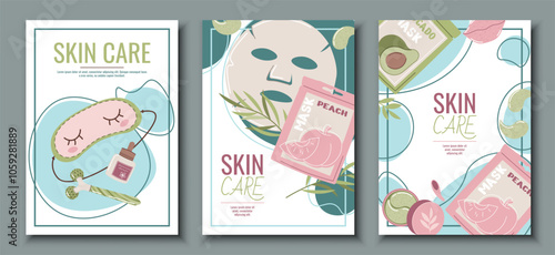 Skin care flyer design set. Poster with cosmetic products, face mask, serum. Facial skin care, skin moisturizing. Banner for beauty salon, spa, etc.