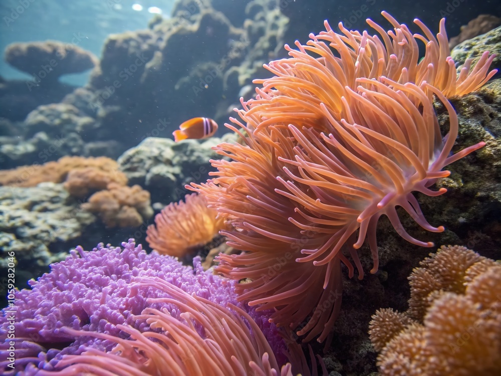 Close Up of Vibrant Sea Anemones and Coral Reef in Orange and Purple Hues for Stunning Double Exposure Close Up of Vibrant Sea Anemones and Coral Reef in Orange and Purple Hues for Stunning Double Exposure