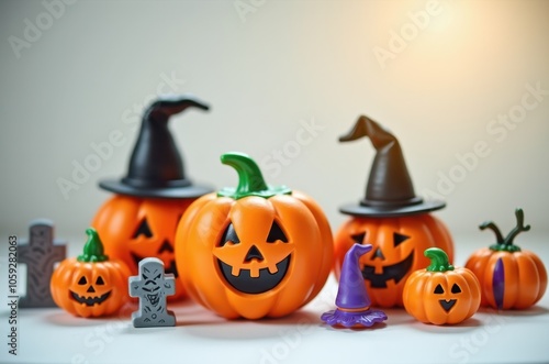 Halloween holiday toy pumpkins, toy caps, toy graves, toy candles, photo