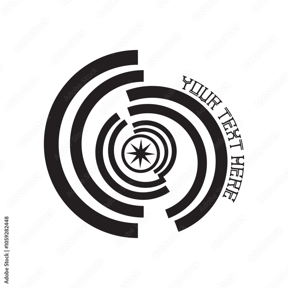 Abstract logo with circular path. Black and white broken circle with a star in the center. Abstract logo with circular path. Black and white broken circle with a star in the center.