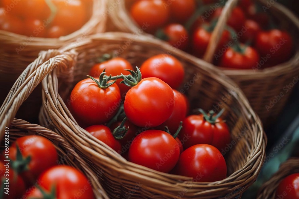 Freshly harvested tomatoes in rustic baskets at a vibrant farmer's market. Generative AI Freshly harvested tomatoes in rustic baskets at a vibrant farmer's market. Generative AI