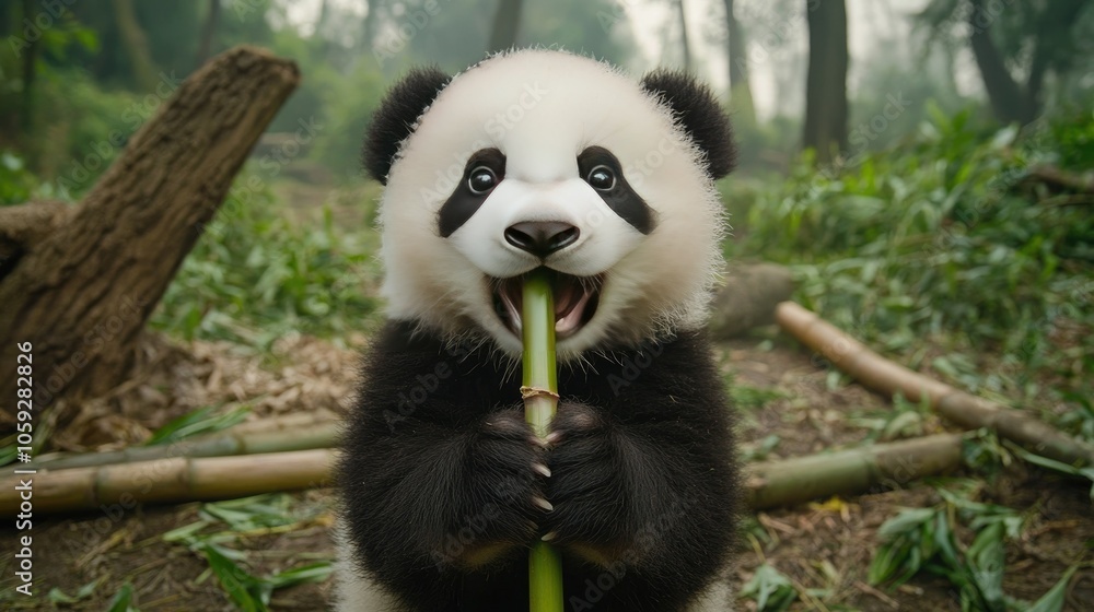 Obraz premium Fluffy panda cub holding a bamboo shoot with a happy expression, representing the iconic cuteness of baby pandas.