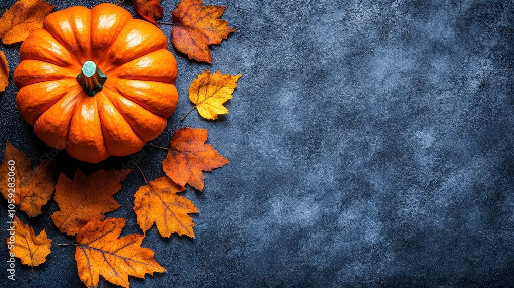 illustration of a pumpkin surrounded by autumn leaves on a dark background illustration of a pumpkin surrounded by autumn leaves on a dark background