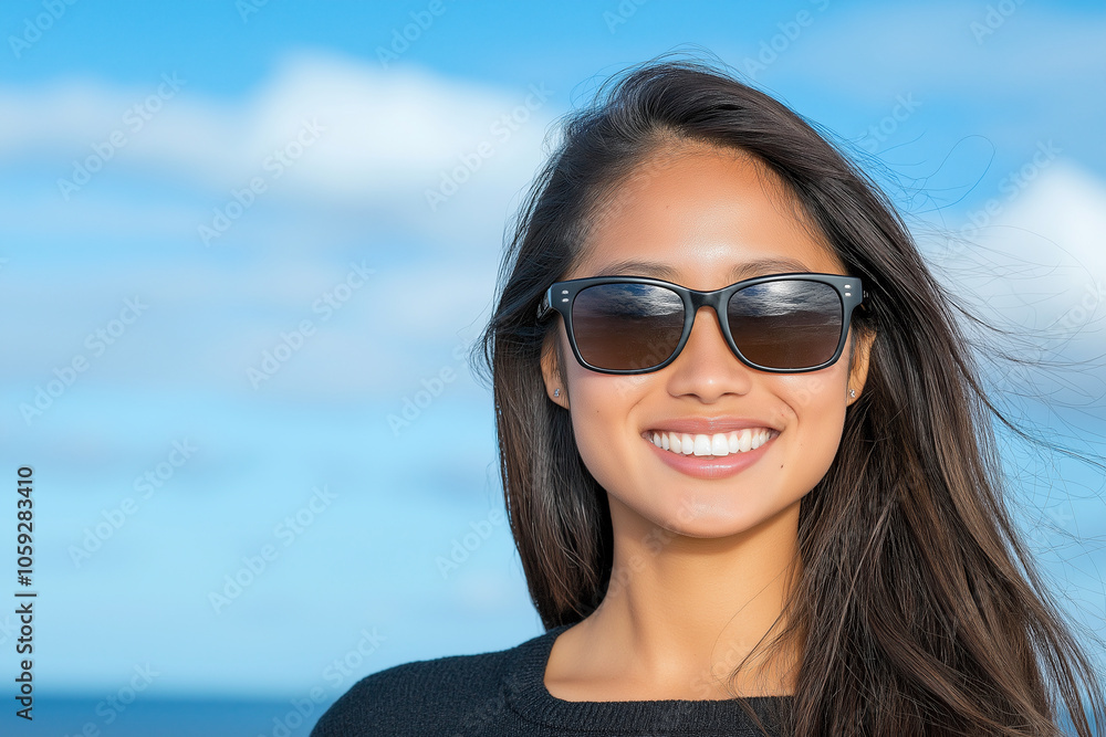 smiling woman wearing sunglasses against blue sky with clouds. Her long hair flows gently in breeze, creating cheerful and relaxed atmosphere smiling woman wearing sunglasses against blue sky with clouds. Her long hair flows gently in breeze, creating cheerful and relaxed atmosphere