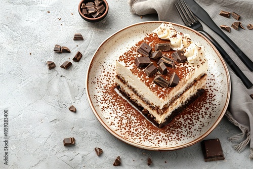 Tiramisu cake with chocolate decotaion on a plate. Grey stone background. Top view. Copy space. photo