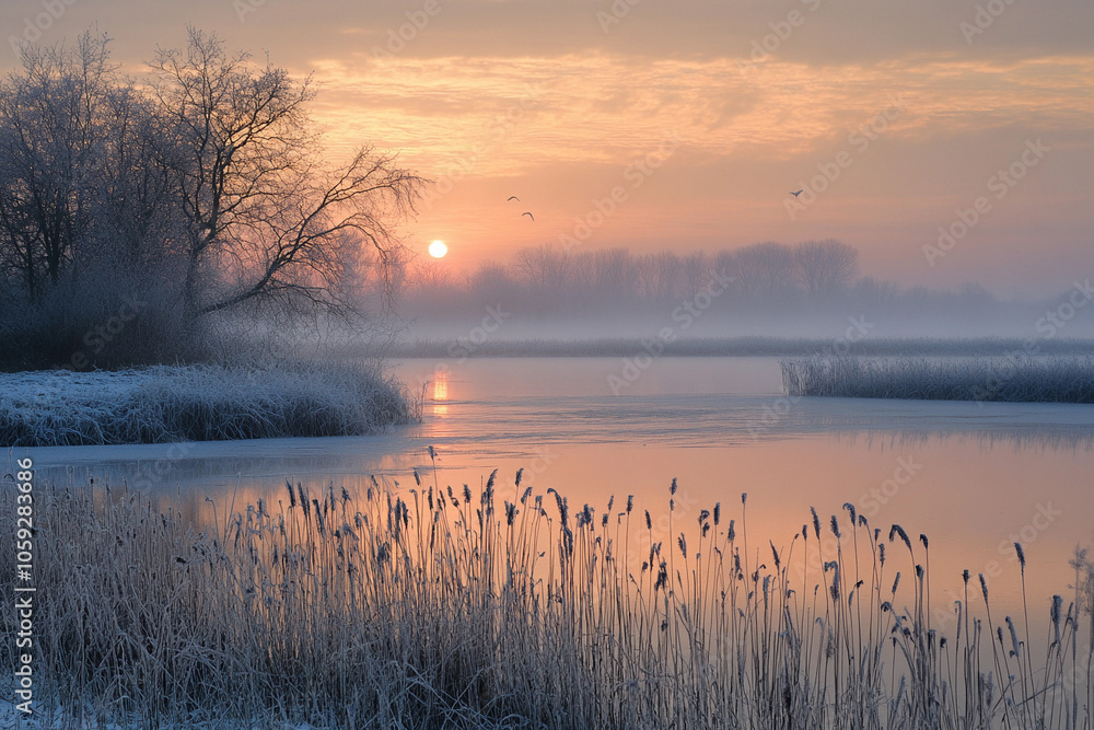 Fototapeta premium Misty sunrise over a tranquil lake with frosty reeds