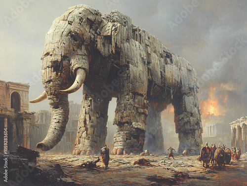 a large elephant walking in a city that has been destroyed by a massive explosion, fantastical scene of a battle photo