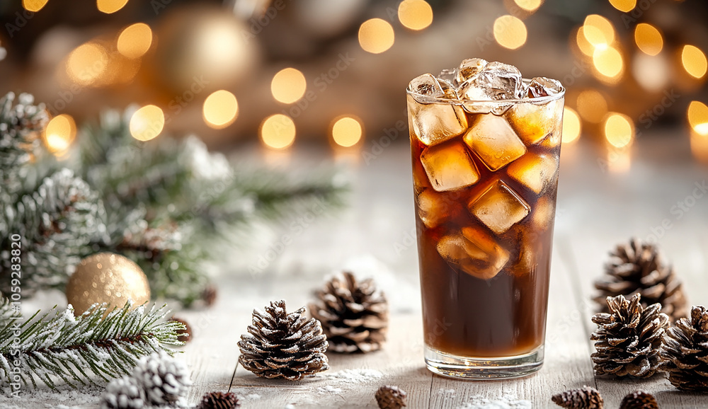 An iced coffee drink with Christmas decorations and lights in the background An iced coffee drink with Christmas decorations and lights in the background