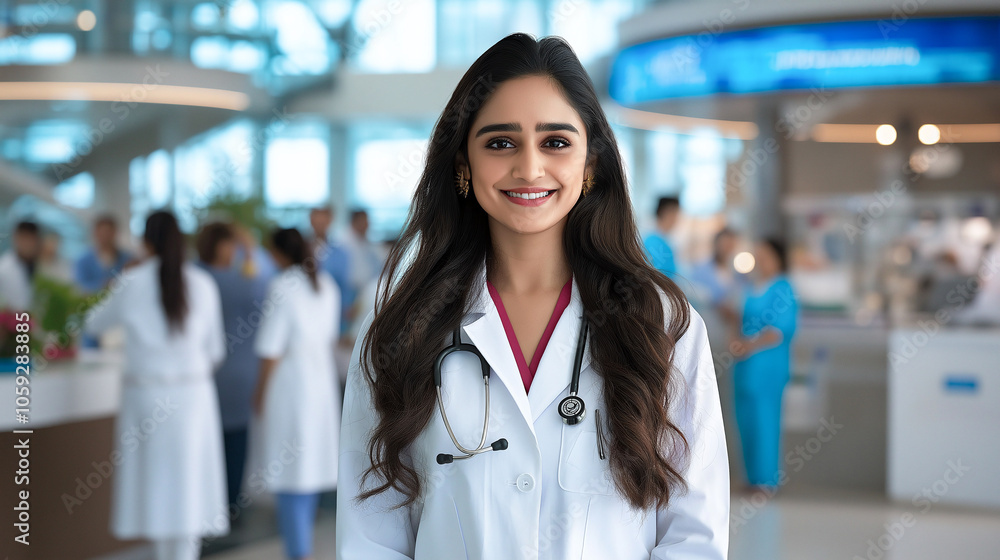 Obraz premium Young smiling female doctor in modern hospital setting, wearing white coat and stethoscope, exuding confidence and warmth. vibrant healthcare environment surrounds her