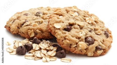 Golden oatmeal cookies mid-fall on white, showing crumbs and oats for a crunchy, tasty appeal.