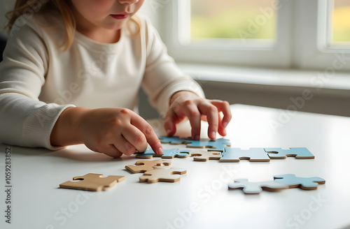 A child assembles a wooden puzzle on a sunny afternoon in a cosy room with green plants and natural light