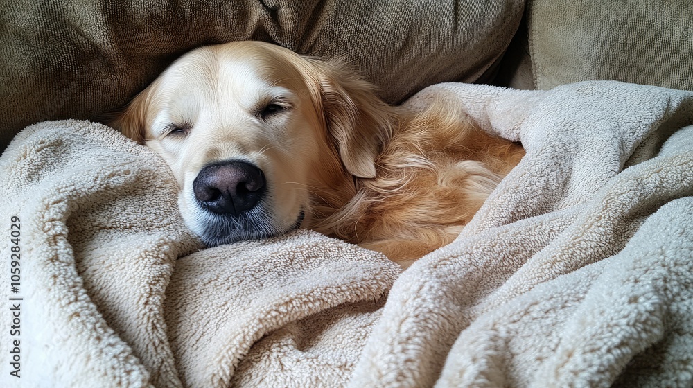 Obraz premium Golden retriever tucked under a soft blanket, relaxing on the couch, creating a sense of warmth and comfort at home.