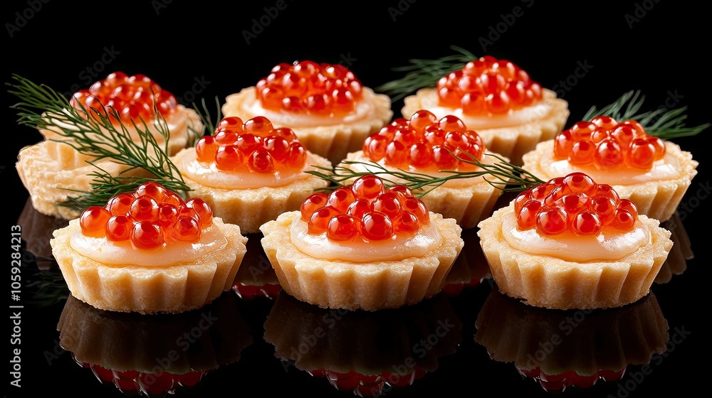 Gourmet tartlets topped with red caviar, garnished with dill, arranged on a dark background for a high-end culinary feel. Gourmet tartlets topped with red caviar, garnished with dill, arranged on a dark background for a high-end culinary feel.