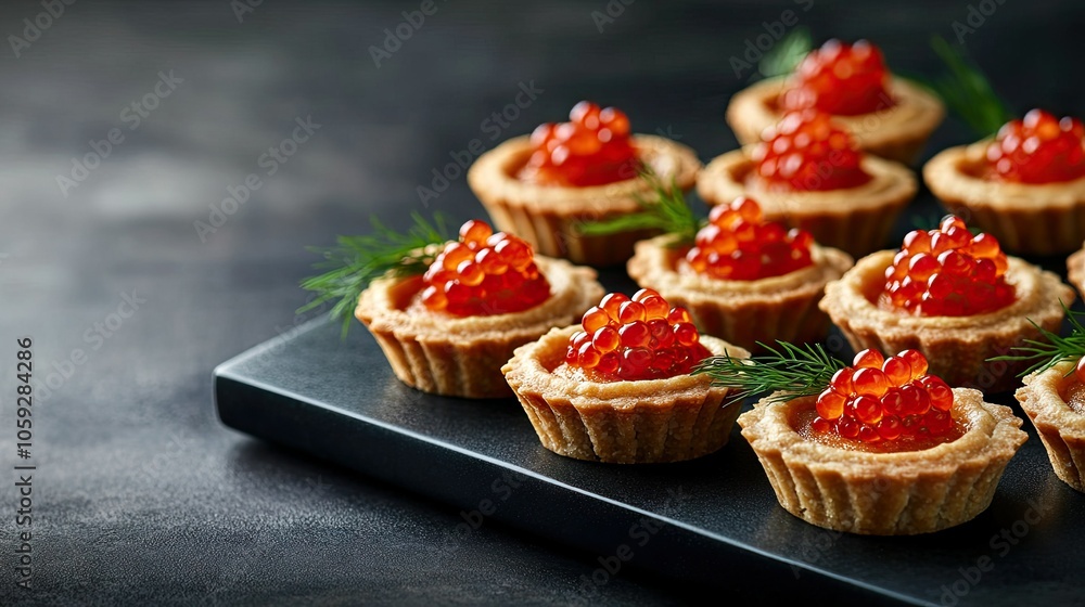 Gourmet tartlets with bright red caviar and a hint of dill, arranged against a dark background for a sophisticated look. Gourmet tartlets with bright red caviar and a hint of dill, arranged against a dark background for a sophisticated look.