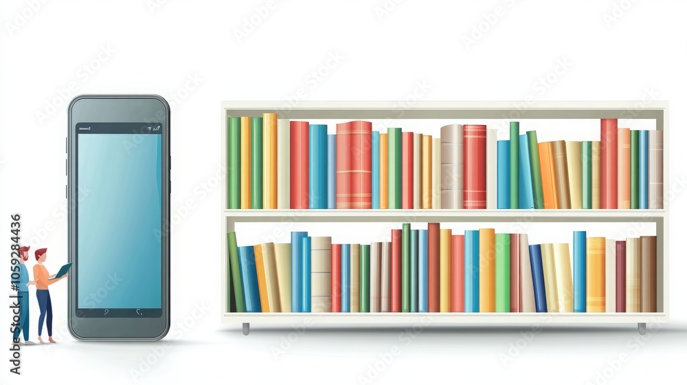 Illustration of a smartphone beside a colorful bookshelf. Illustration of a smartphone beside a colorful bookshelf.