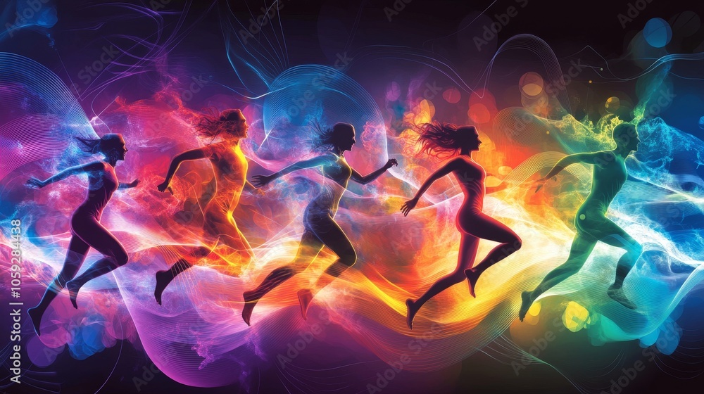 Vibrant Creative Energy: People in Action with Abstract Waveforms and Colorful Shapes Vibrant Creative Energy: People in Action with Abstract Waveforms and Colorful Shapes