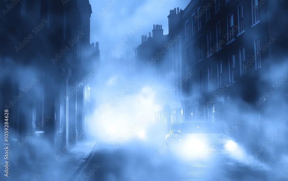 A foggy street scene at night with a car's headlights illuminating the mist. A foggy street scene at night with a car's headlights illuminating the mist.