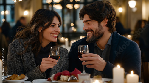 couple in love enjoying romantic dinner, smiling and toasting with wine glasses. warm ambiance creates cozy atmosphere