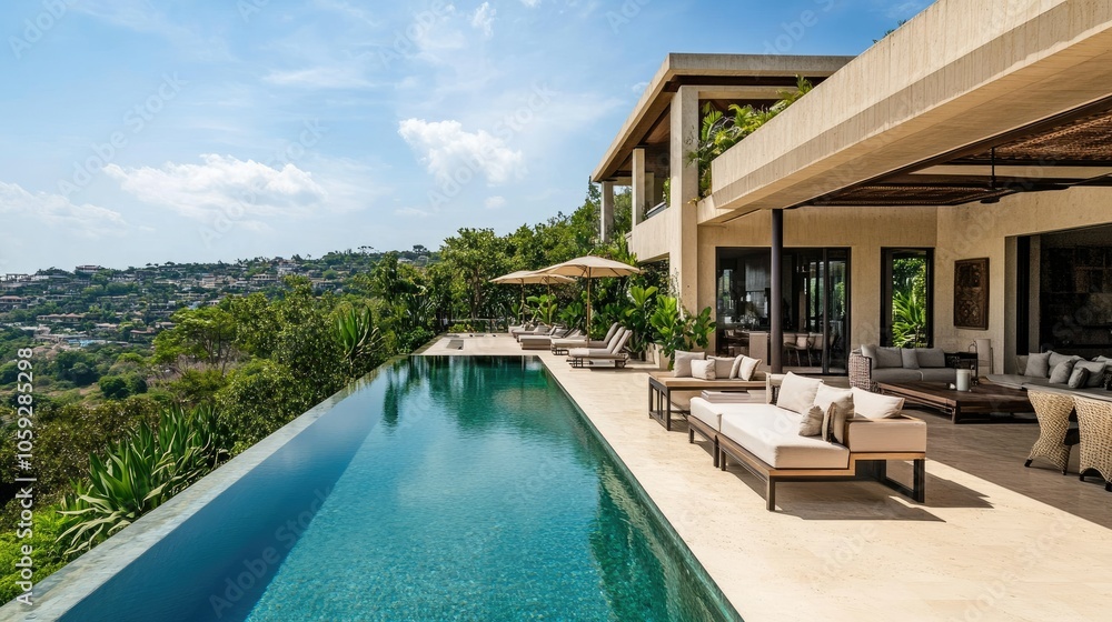 Fototapeta premium Infinity pool in a villa with panoramic views, surrounded by chic seating and lush greenery, highlighting modern luxury.