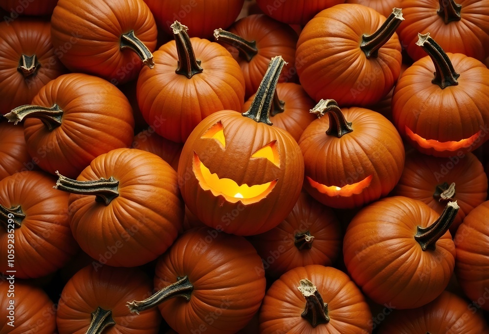 Halloween pumpkins, carved jack-o-lantern in fall leaves. View from above. Halloween pumpkins, carved jack-o-lantern in fall leaves. View from above.