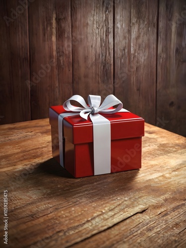 Caja de regalo roja con listón blanco sobre mesa de madera. photo