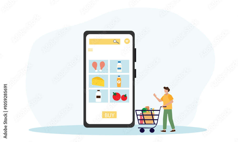 People buying grocery food products in mobile app. Order online grocery with smartphone. Vector illustration in flat style. People buying grocery food products in mobile app. Order online grocery with smartphone. Vector illustration in flat style.