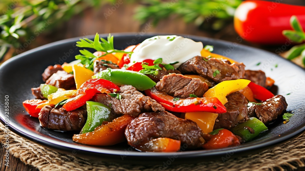 Sizzling beef stir fry with colorful bell peppers and sour cream Sizzling beef stir fry with colorful bell peppers and sour cream