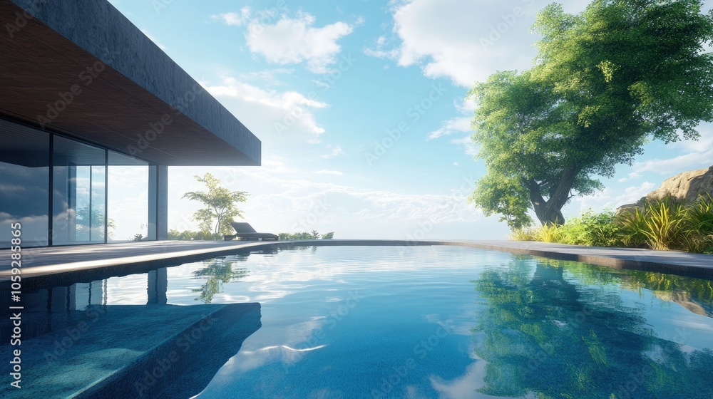 Fototapeta premium Luxury villa with a sleek infinity pool, overlooking a lush landscape, clear blue skies reflecting in the calm water, no people.