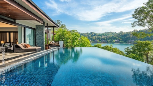 Luxury villa with a sleek infinity pool, overlooking a lush landscape, clear blue skies reflecting in the calm water, no people.