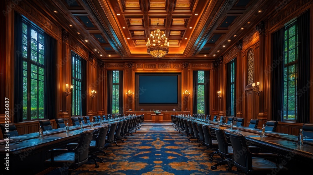 A grand conference room with wood-paneled walls, a large screen, and a chandelier hanging from the ceiling. There are two long tables with chairs lined up in rows. A grand conference room with wood-paneled walls, a large screen, and a chandelier hanging from the ceiling. There are two long tables with chairs lined up in rows.